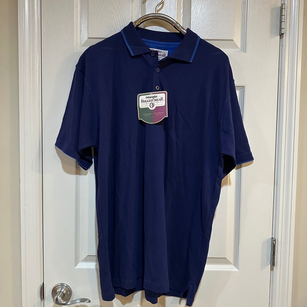 Wrangler Rugged Wear Mens Navy Blue Cotton Pique Short Sleeve Polo Shirt Large